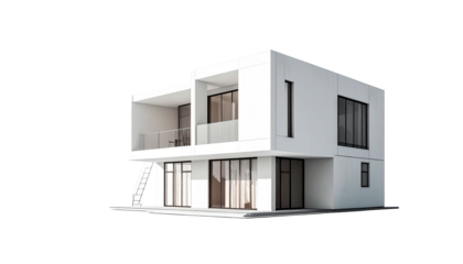 Modern white two-story building stands alone against black