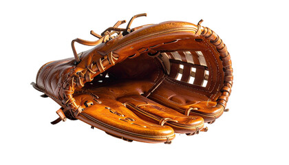 Brown leather baseball glove against a dark background