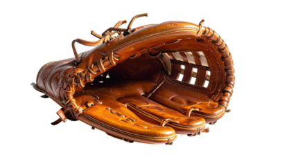 Brown leather baseball glove against a dark background
