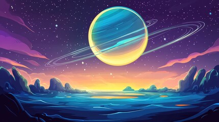 Ringed planet floating above alien landscape at sunset