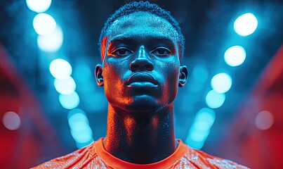 Focused african american man in athletic wear under vibrant neon lights