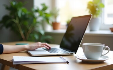 Modern home office setup includes laptop, notebook, coffee cup on wooden desk. Green plants, minimalist decor with copy space ideal for remote work productivity. Telecommuting concept, hybrid work.