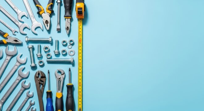 Hand tools arranged on blue surface create an organized equipment display for construction or home repair tasks