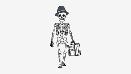a walking human skeleton wearing a fedora hat and carrying a briefcase. This minimalist, vintage-inspired design evokes themes of death, travel, business, or mysterious errands.
