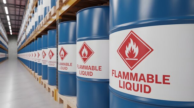 Industrial warehouse storage of blue barrels with flammable liquid warning labels symbolizing chemical safety, hazardous materials, risk management, and industrial logistics