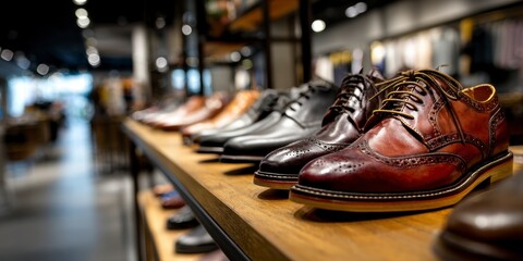 Close-up of men's shoes arranged in a row