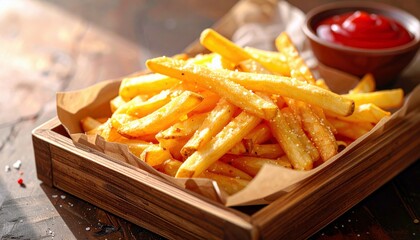 A close-up shot of a generous serving of crispy, golden french fries, lightly salted and presented in a rustic wooden tray with a small bowl of bright red ketch
