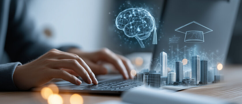 Hands typing on laptop with digital brain, graduation cap and city skyline overlay - Powered by Adobe