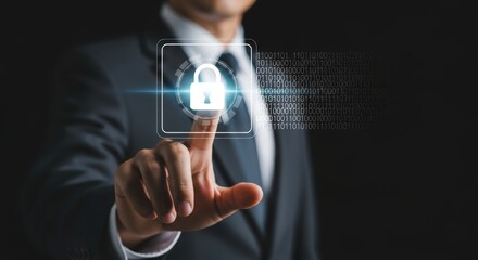 Man touches a digital lock representing data security and protection in cyberspace for safe internet access