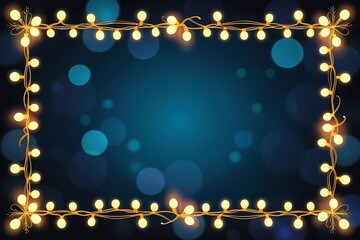 Ornate frame of yellow string lights on a dark blue background with large bokeh circles Christmas festive
