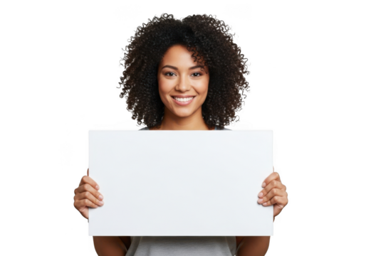 Smiling young woman with curly dark hair holding a blank white sign for your message isolated on transparent background