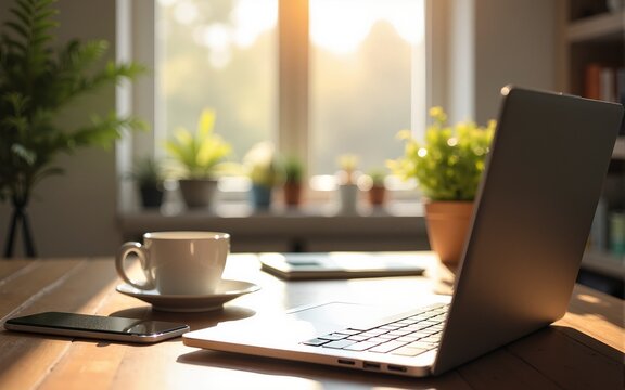 Cozy home office workspace with laptop, coffee cup, and plant by sunny window. Modern remote work setup, comfortable workstation, natural light, perfect for productivity, freelance, and work from home