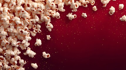 Obraz premium Popcorn Pile on Red Background with Gold Confetti Scattered Around