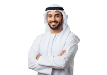 A smiling arab man wearing traditional white thobe and ghutra with arms crossed isolated on transparent background