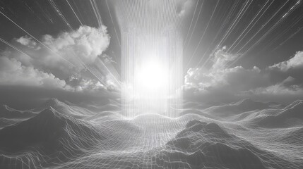 Digital landscape receiving light from above in futuristic grid