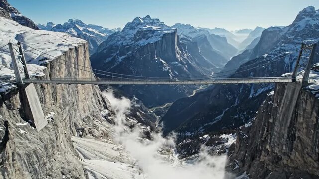 aerial bridge - A breathtaking view of a suspended bridge spanning a deep, snow-capped valley, surrounded by towering mountain peaks and wispy clouds, showcasing nature's majestic beauty