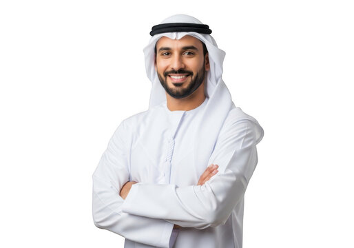 A smiling arab man wearing traditional white thobe and ghutra with arms crossed isolated on transparent background