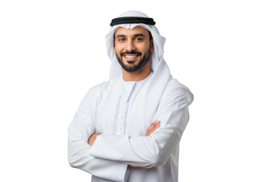 A smiling arab man wearing traditional white thobe and ghutra with arms crossed isolated on transparent background