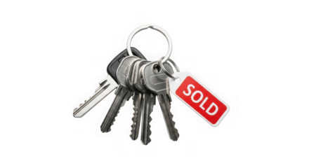 A set of keys with a red sold tag isolated on transparent background, representing a successful real estate transaction and new home ownership