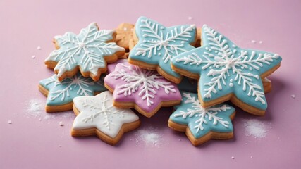Decorated snowflake Christmas cookies arranged on a pink background  