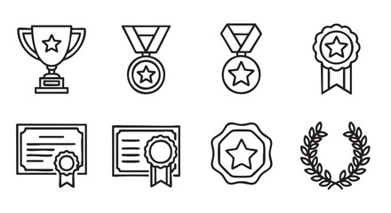 Achievement icons for success including trophy medal and diploma certificate