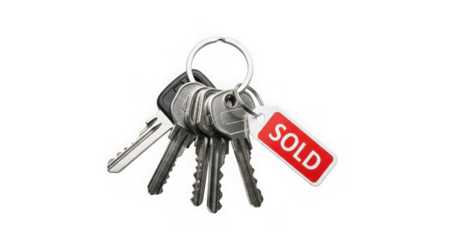 A set of keys with a red sold tag isolated on transparent background, representing a successful real estate transaction and new home ownership - Powered by Adobe
