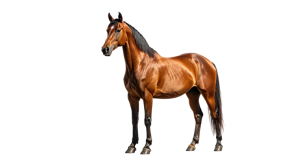 Glossy chestnut horse stands poised against stark black backdrop