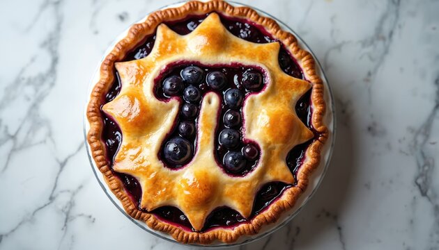 Golden brown blueberry pie with decorative crust shaped like Pi symbol. Fresh whole blueberries fill pie, baked perfectly on clean marble countertop for Pi Day celebration or culinary content.