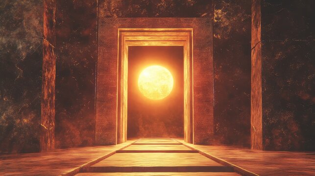 Ancient alien gateway opening to a glowing sun - Powered by Adobe