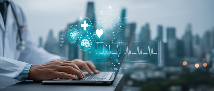 Doctor uses laptop with futuristic medical interface, heart rate and brain icons on screen