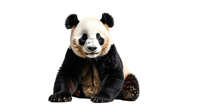 Front-facing giant panda sits calmly with a black backdrop