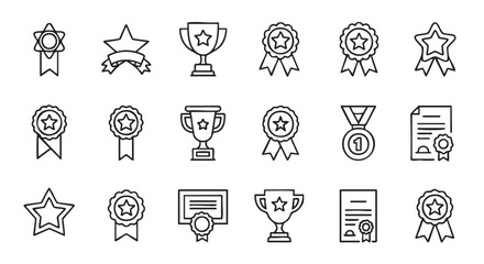 Awards and Achievement Line Icons Set of Badges and Cups Prizes