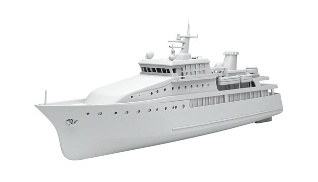 Pristine white luxury yacht render against a black background