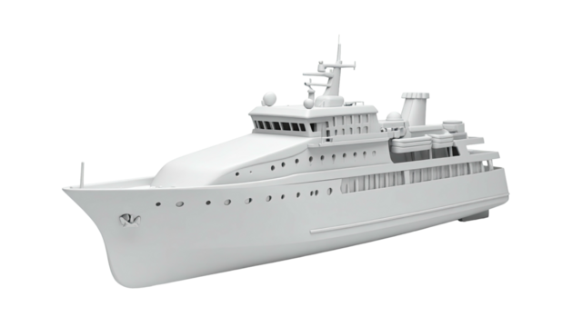 Pristine white luxury yacht render against a black background