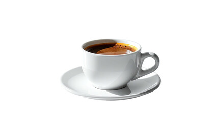 Steaming dark coffee in white cup and saucer, isolated image