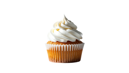 Cupcake with white swirled frosting, isolated on black ground