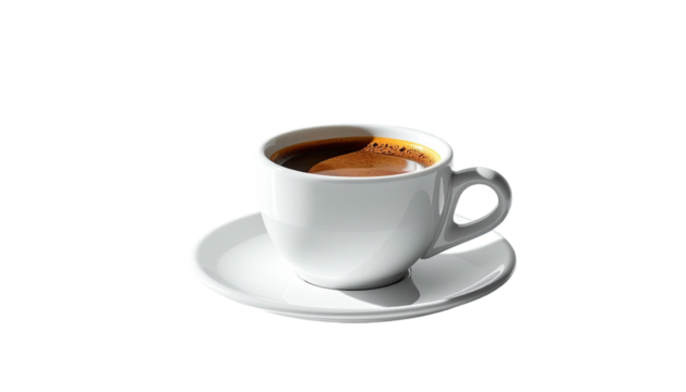 Steaming dark coffee in white cup and saucer, isolated image