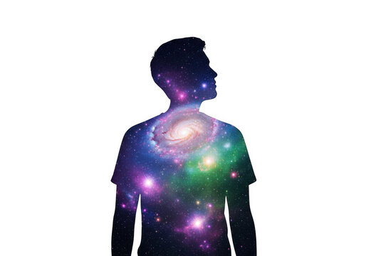 Abstract silhouette of a human form illuminated by a vibrant cosmic galaxy displayed isolated on transparent background