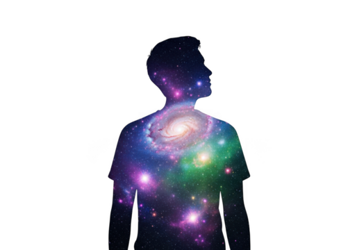 Abstract silhouette of a human form illuminated by a vibrant cosmic galaxy displayed isolated on transparent background