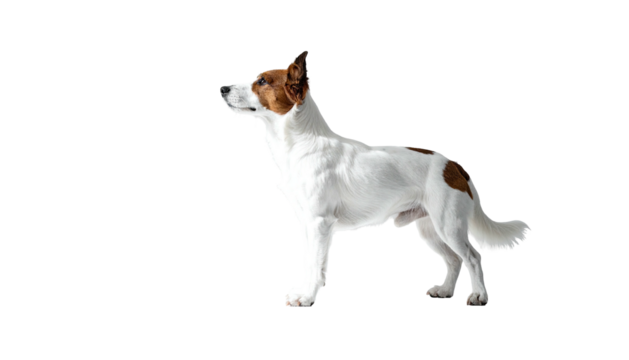 White/brown short-haired dog, stands alert, side view on black - Powered by Adobe