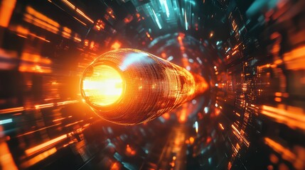 Futuristic data tunnel with spaceship traveling at warp speed