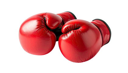 Two bright red boxing gloves overlapping on a black background