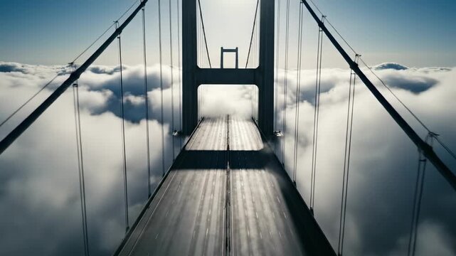 aerial bridge - A majestic bridge seemingly connecting to the sky, elevated above a vast sea of fluffy clouds, bathed in soft sunlight, creating a serene and ethereal atmosphere