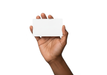 A hand holding a blank white business card with a dark background isolated on transparent background