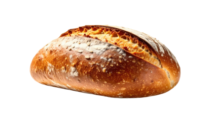 Crusty sourdough loaf with flour dusting, dark background