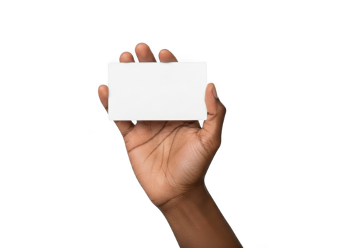 A hand holding a blank white business card with a dark background isolated on transparent background