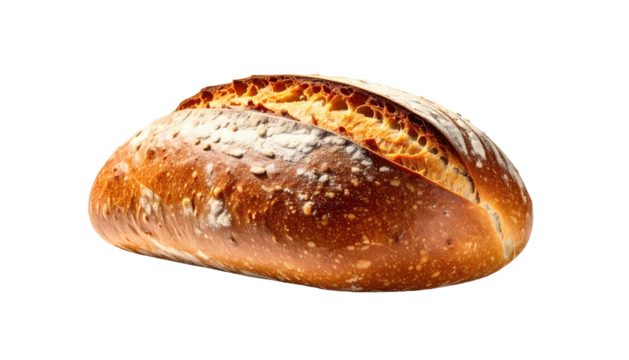 Crusty sourdough loaf with flour dusting, dark background