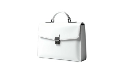Isolated white leather briefcase with handle on black background