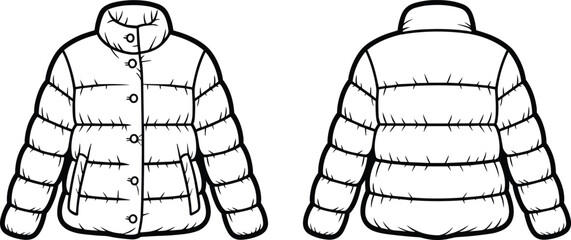 Puffer jacket technical flat sketch with front and back views, winter padded outerwear fashion illustration template for garment design and development