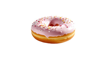 Pink frosted donut with sprinkles, isolated on a black background